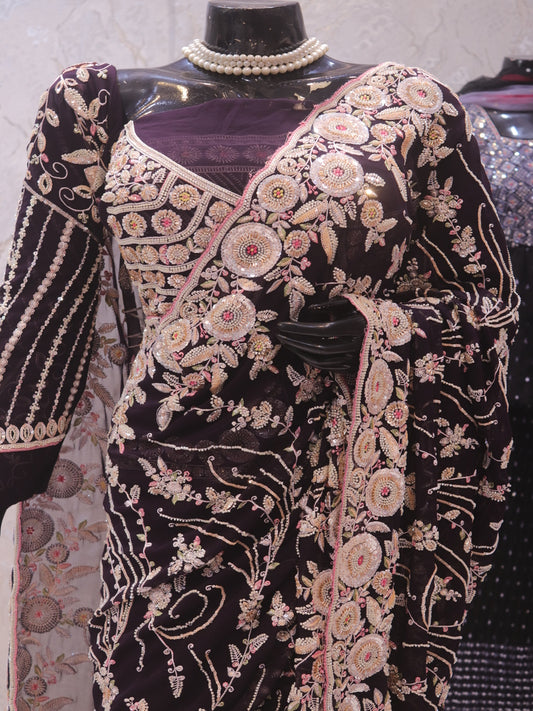 “The Elegant Deep Wine” Premium Designer Saree