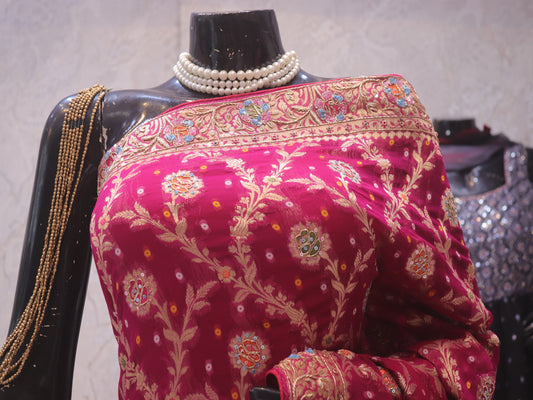 “The Deep Magenta” Premium Antique Hand-Crafted Banarasi Bandani Chiffon Saree