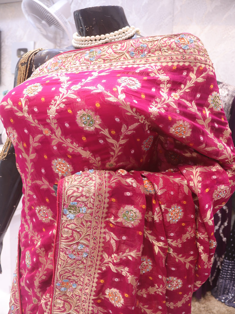 “The Deep Magenta” Premium Antique Hand-Crafted Banarasi Bandani Chiffon Saree