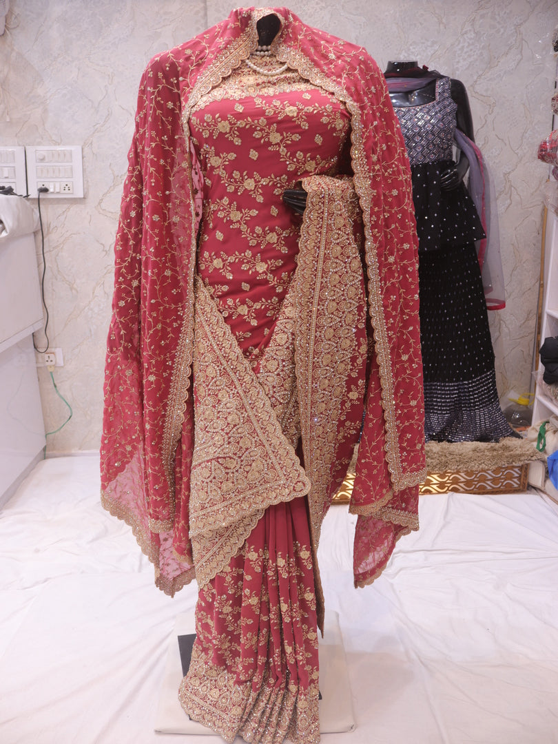 “The Turkish Rose” Premium Designer Saree with Veil