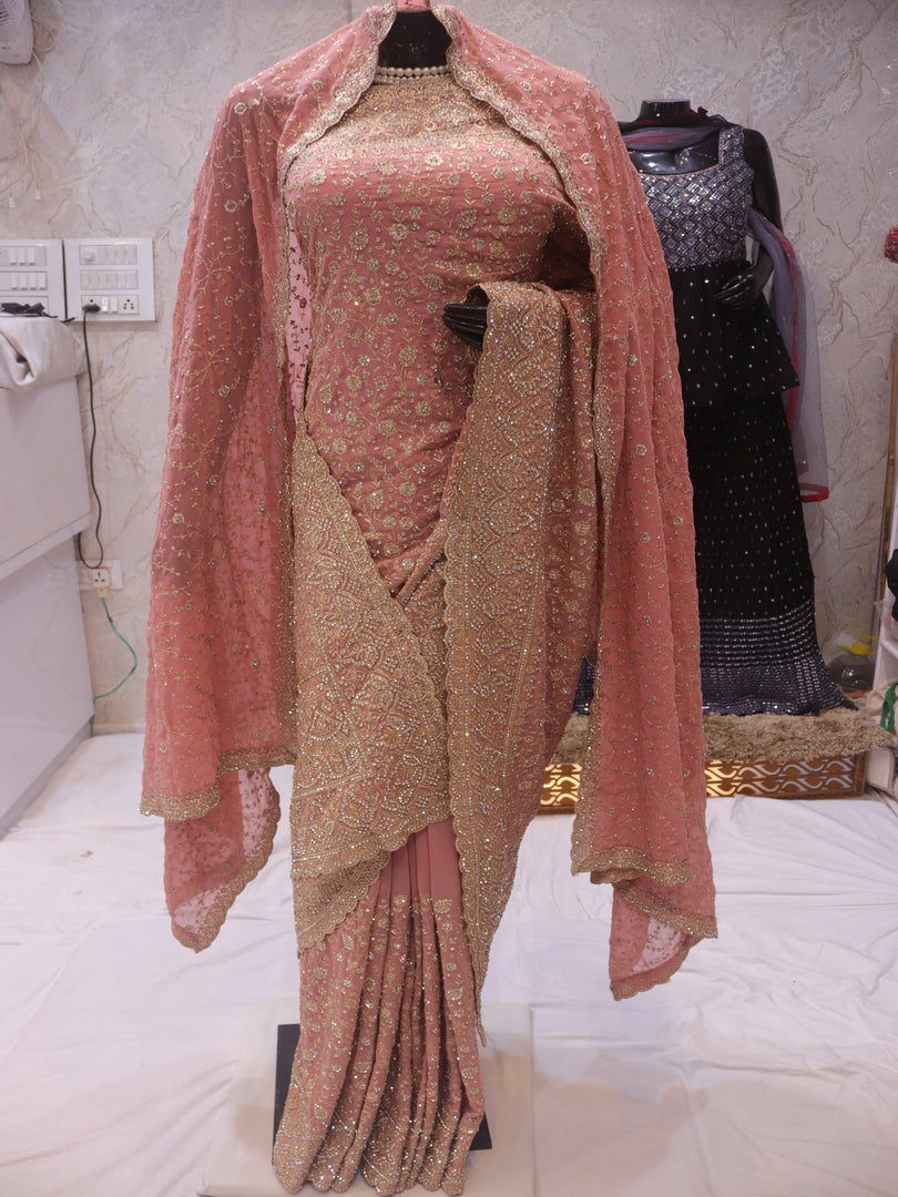 “The Rose Pink” Premium Designer Saree with Veil