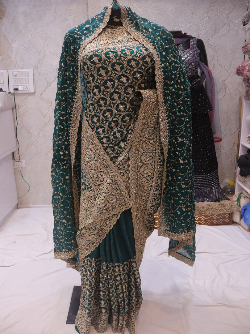 “The Bottle Green” Premium Designer Saree with Veil