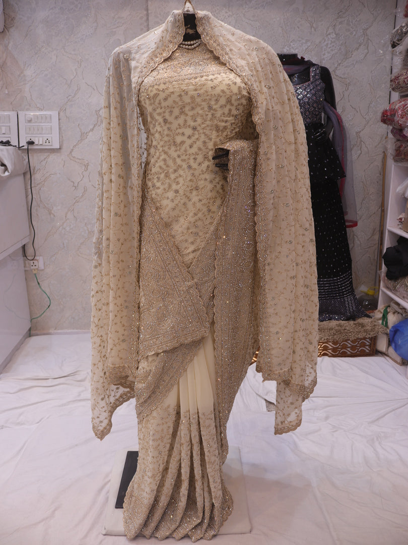 “The Ceramic White” Premium Designer Saree with Veil