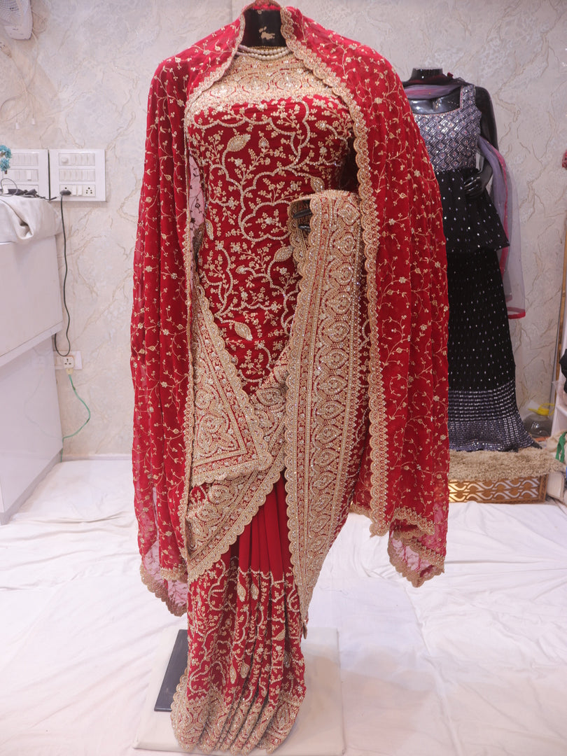 “The Royal Bridal Red” Premium Designer Saree with Veil