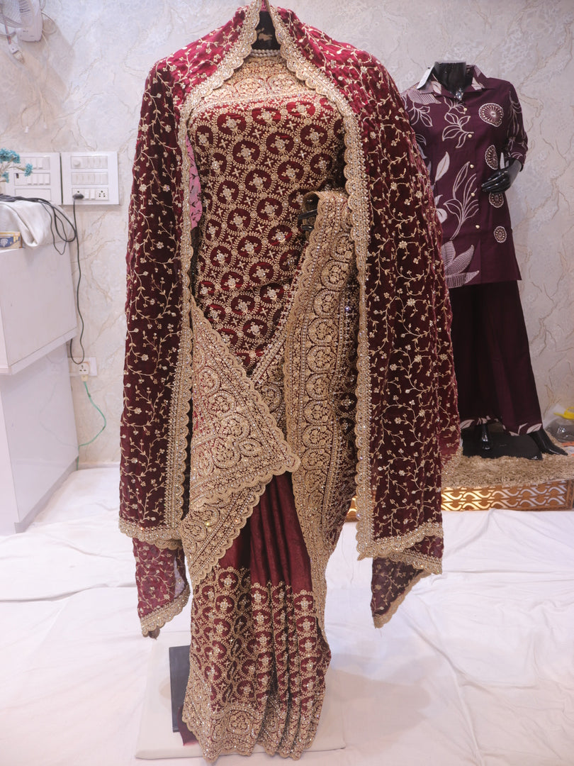 The Royal Maroon” Premium Designer Saree with Veil