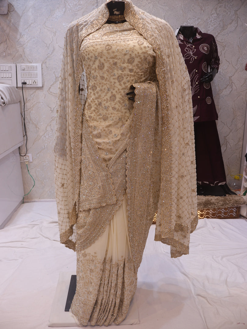 “The Luxury Ceramic White” Premium Designer Saree with Veil