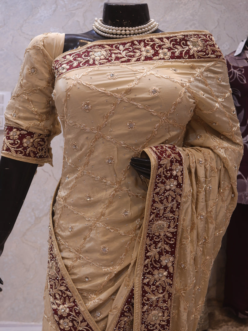 "The Golden Petals" Premium Handcrafted Zardozi Work Saree