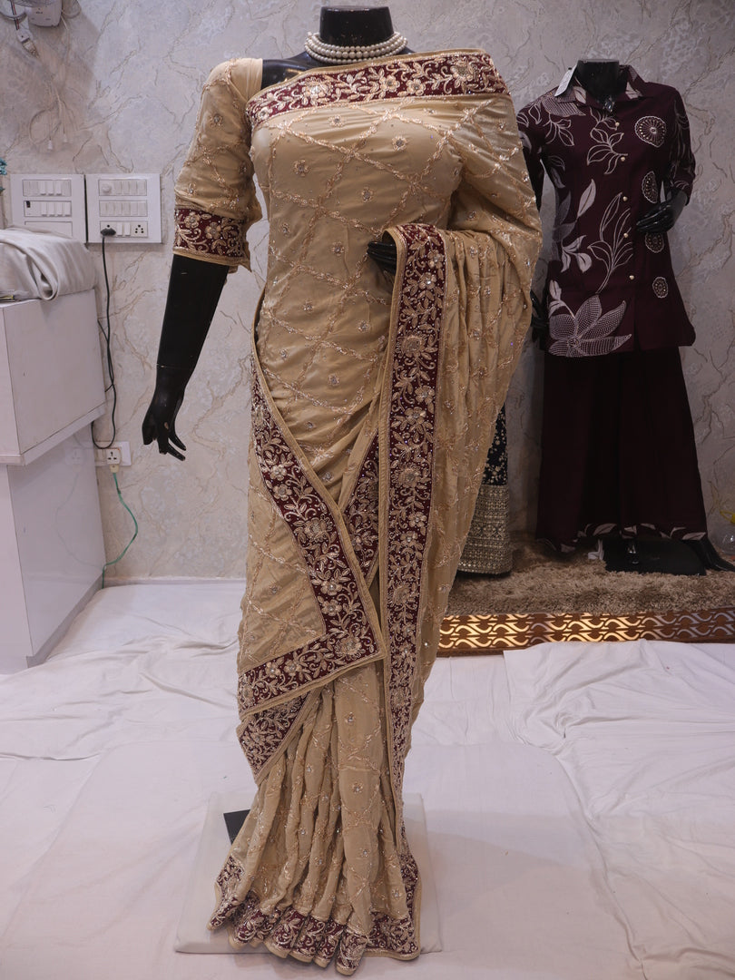 "The Golden Petals" Premium Handcrafted Zardozi Work Saree
