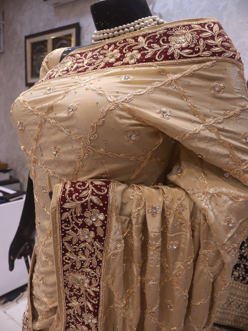 "The Golden Petals" Premium Handcrafted Zardozi Work Saree