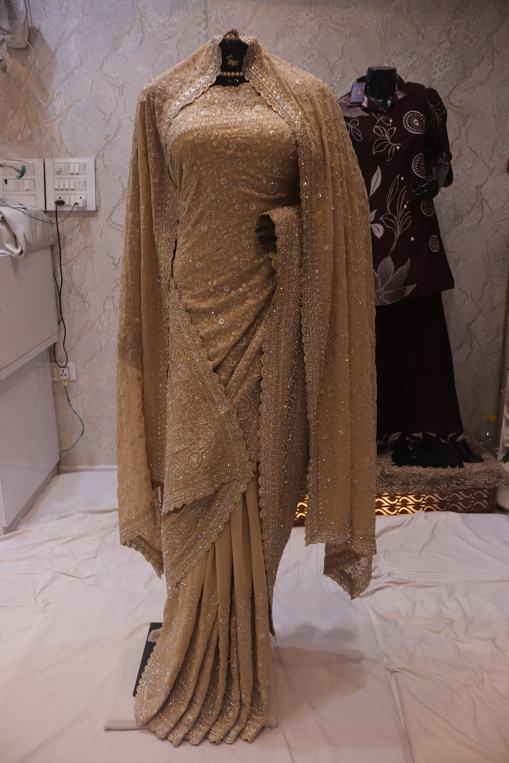“The Champagne Gold" Premium Georgette Saree with Veil