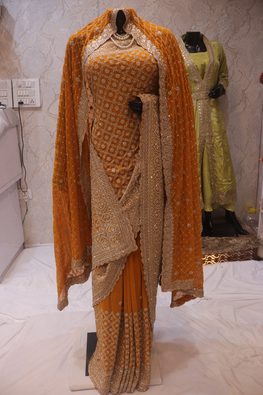 "The Deep Amber Gold" Premium Designer Saree With Veil