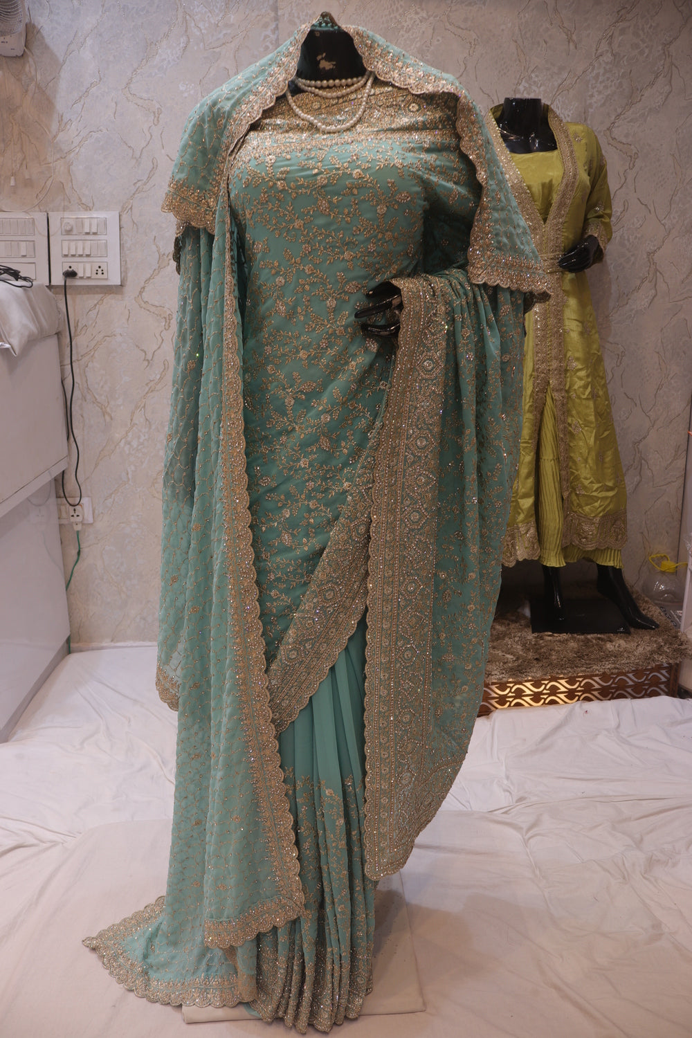 "The Light Turquoise" Premium Designer Saree with Veil