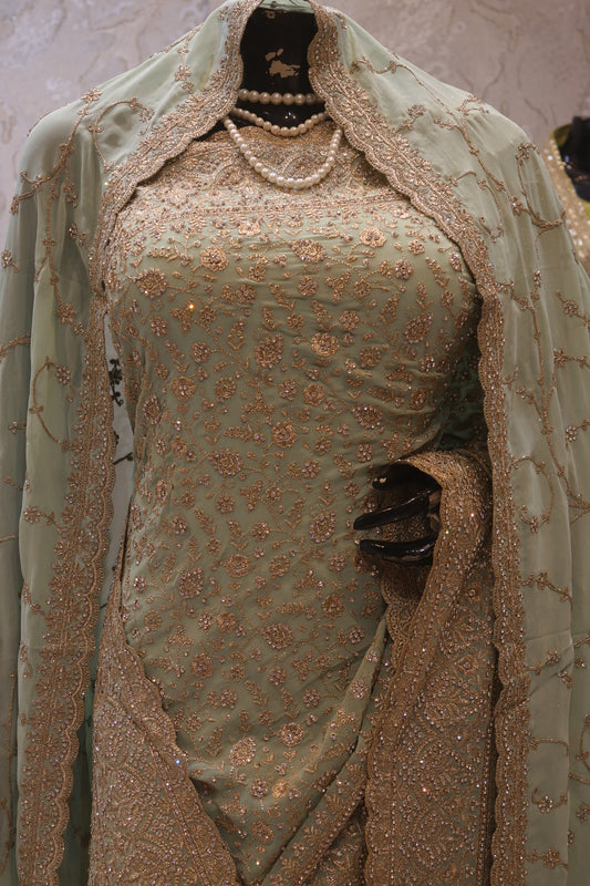 "The Pastel Olive" Premium Designer Saree with Veil