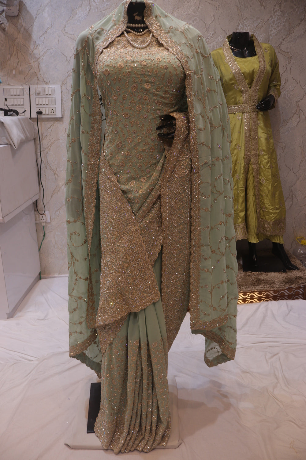 "The Pastel Olive" Premium Designer Saree with Veil