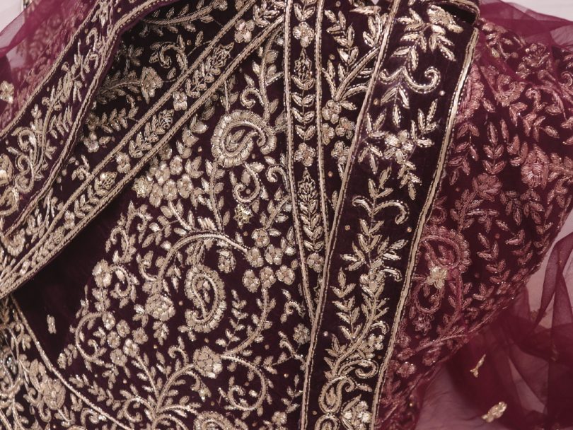 "The Wine Petals" Zardozi Handcrafted Lehenga - Image 5