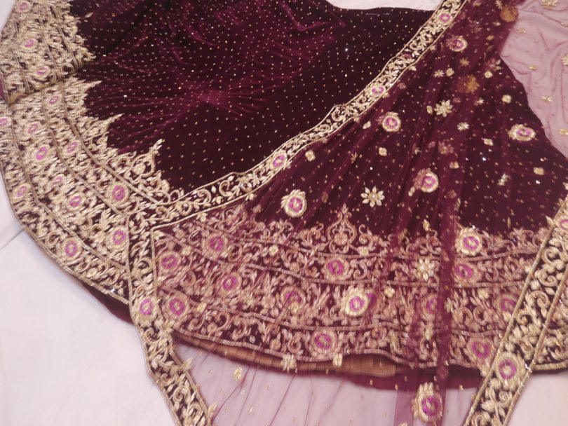 "The Wine Petals" Zardozi Handcrafted Lehenga - Image 5