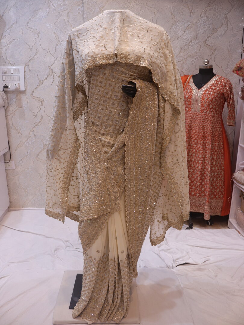“The Pearls White” Premium Designer Saree with veil - Image 3