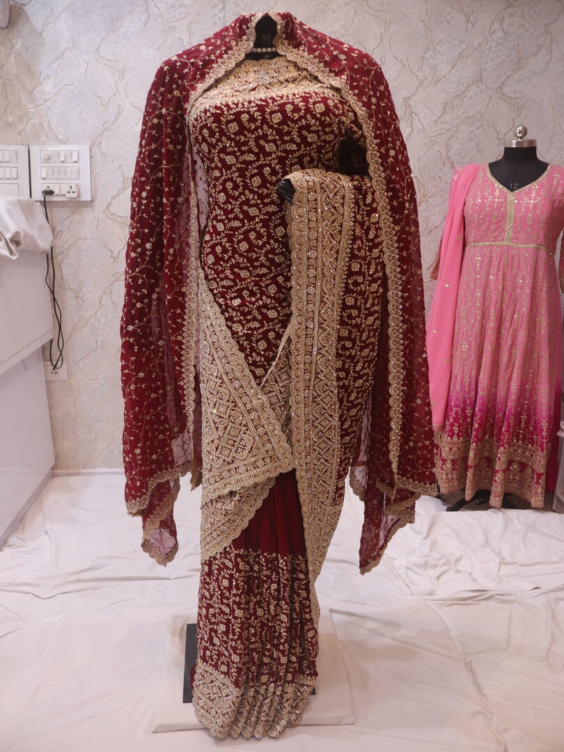 “The Royal Mahogany” Premium Designer Saree with Veil - Image 3