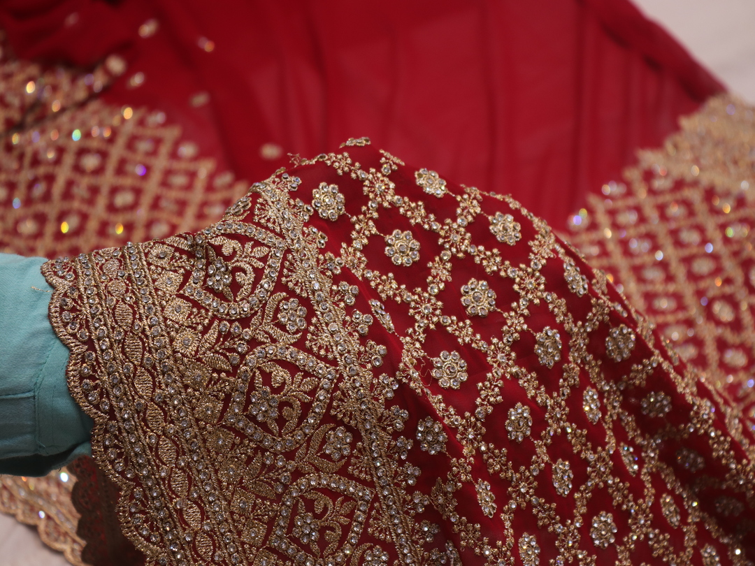 "The Carmine Red" Premium Designer Saree with Veil - Image 5
