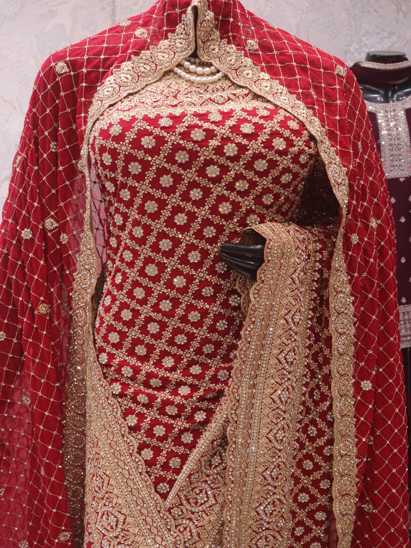 "The Carmine Red" Premium Designer Saree with Veil - Image 2