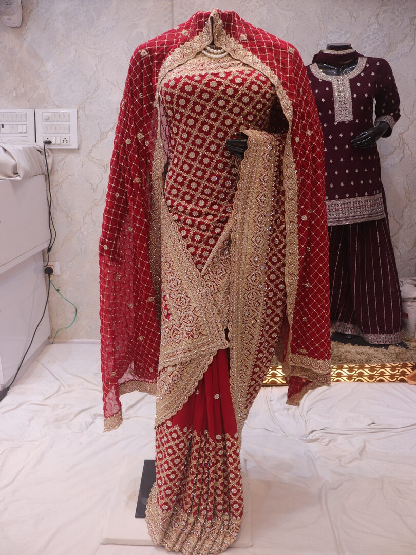 "The Carmine Red" Premium Designer Saree with Veil - Image 3