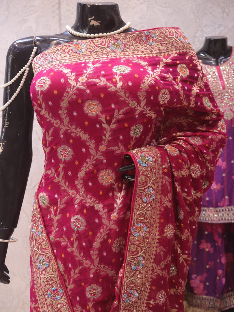 "The Rani Pink" Premium Antique Hand-Crafted Banarasi Bandani Chiffon Saree - Image 2