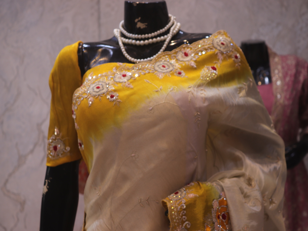 “The Exquisite Yellow & Cream” Premium Designer Saree